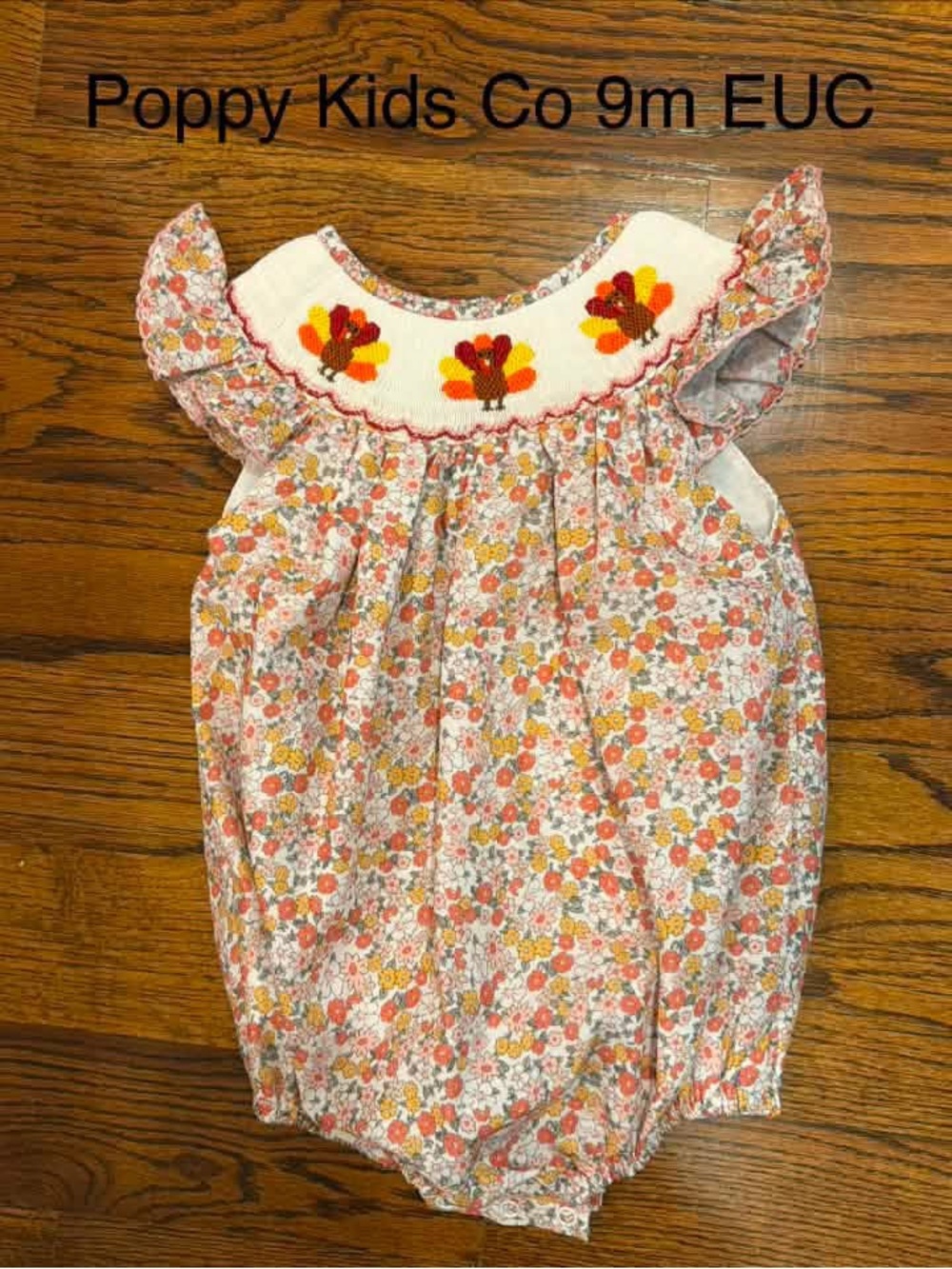 Poppy Kids Floral Smocked One-Piece in Cream and Orange - Thanksgiving Turkeys